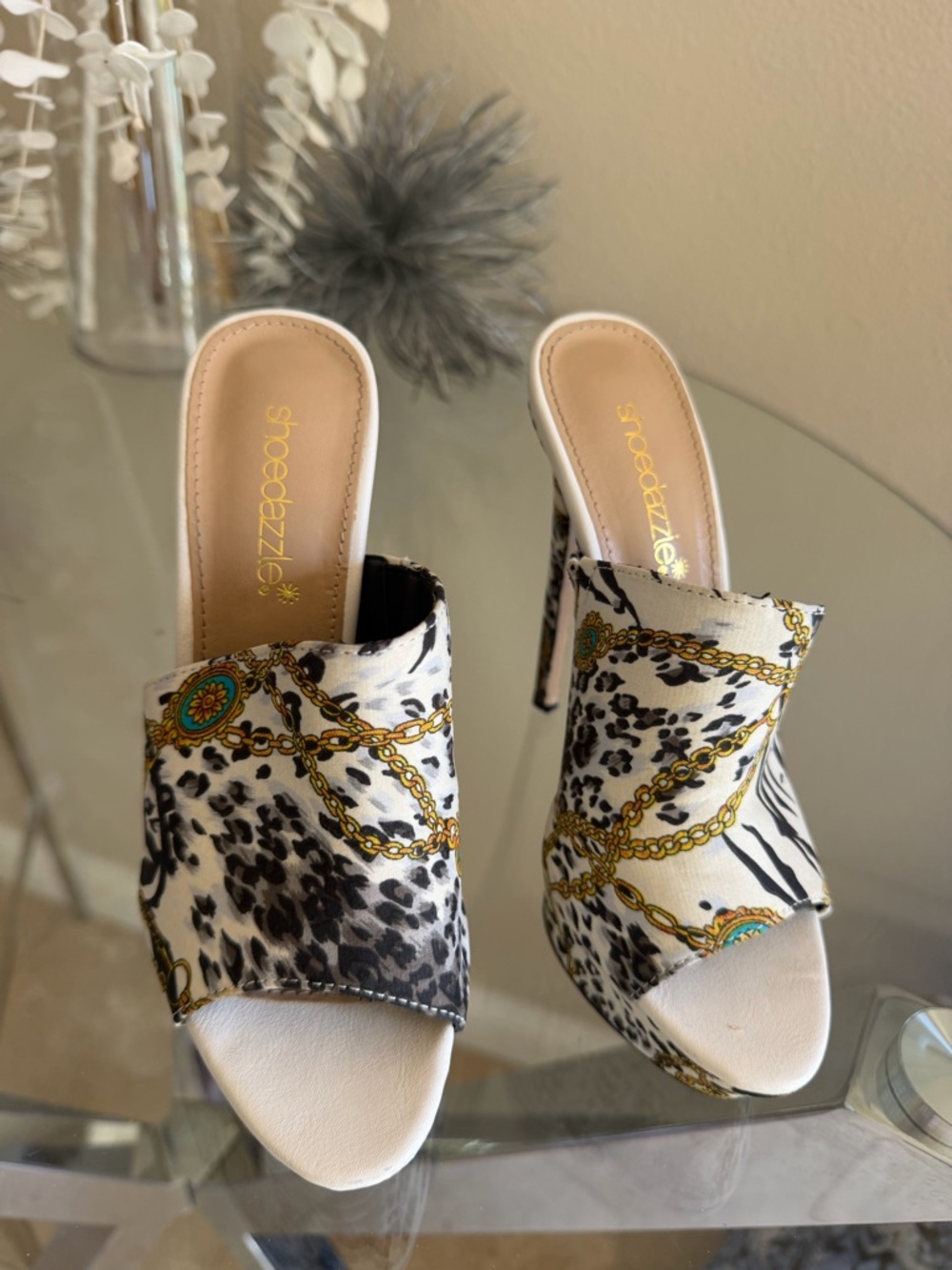 High Heel Platform Mules in White Leopard Chain Print - Picture 3 of 6